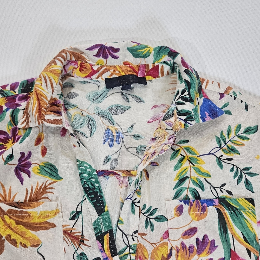 Rachel Roy Linen Top Womens Small White Multicolor Tropical Floral Button Down - Picture 4 of 6
